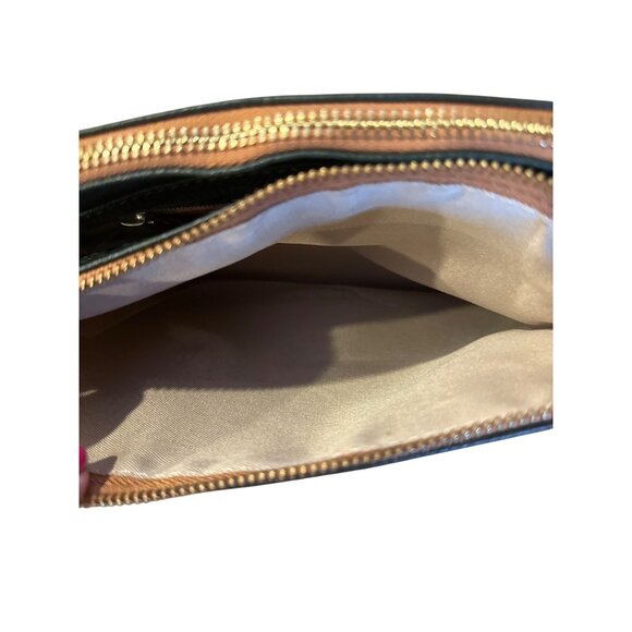 Valentina Italy Leather Shoulder Bag Green Tan Strap Gold Logo Zip Purse - Picture 11 of 16